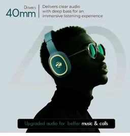 Zebronics Thunder (2026 Upgrade) Wireless Headphones, BT v6.0, True 60 hrs Playback, 40mm Drivers, ENC, Gaming Mode, Dual Pairing, AUX & microSD, Rapid Charging, Call Function (Teal Green)