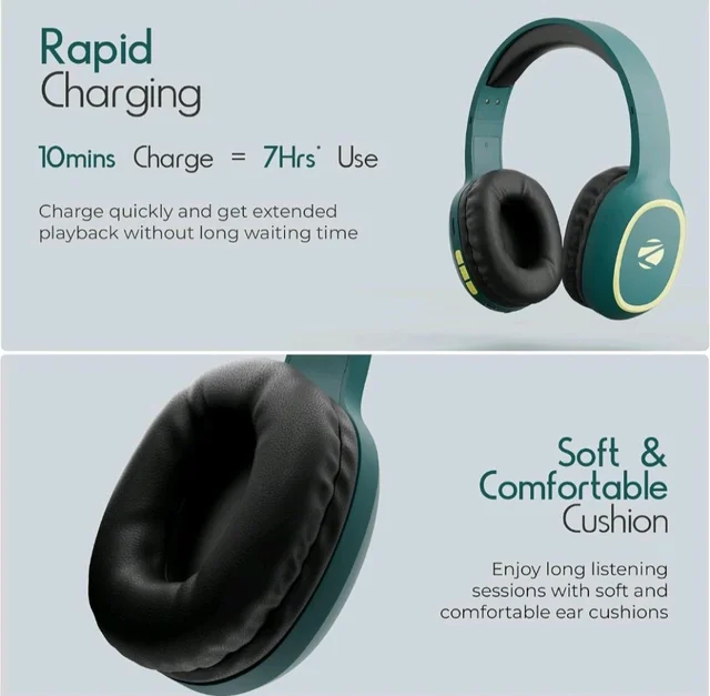 Zebronics Thunder (2026 Upgrade) Wireless Headphones, BT v6.0, True 60 hrs Playback, 40mm Drivers, ENC, Gaming Mode, Dual Pairing, AUX & microSD, Rapid Charging, Call Function (Teal Green)