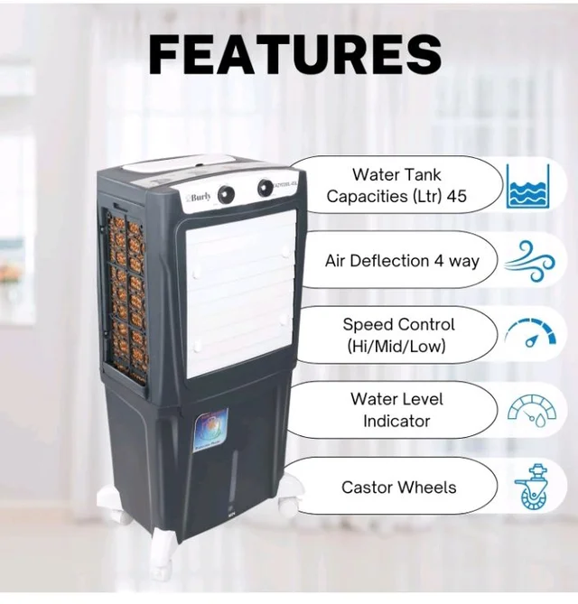 BHABURLY | Eazycool 45 L Room Personal Air Cooler | 4-Way Air Deflection | 2350 CMH Ice Chamber, Anti-Bacterial Honeycomb Pad, 3-Speed Control, Castor Wheels, Inverter