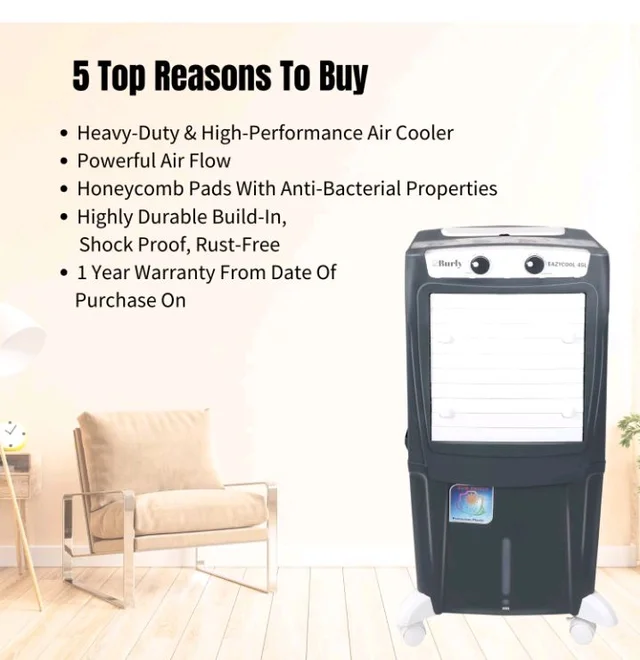 BHABURLY | Eazycool 45 L Room Personal Air Cooler | 4-Way Air Deflection | 2350 CMH Ice Chamber, Anti-Bacterial Honeycomb Pad, 3-Speed Control, Castor Wheels, Inverter