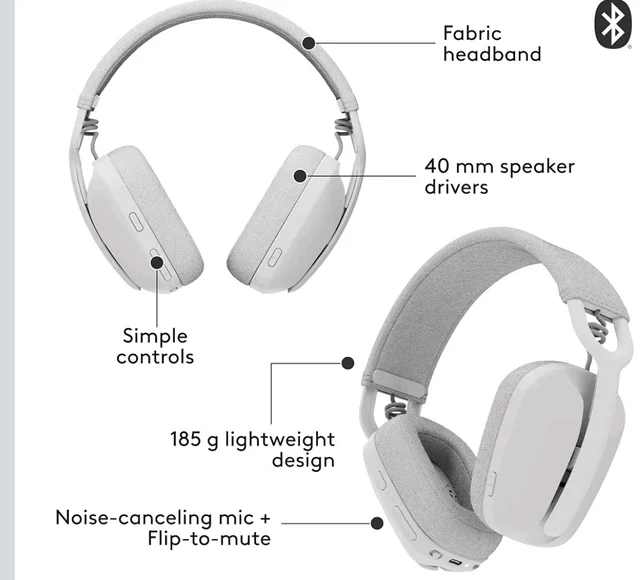 Logitech Zone Vibe 100 Lightweight Wireless Over-Ear Headphones with Noise-Cancelling Microphone, Advanced Multipoint Bluetooth Headset, Works with Teams, Google Meet, Zoom, Mac/PC - Offwhite