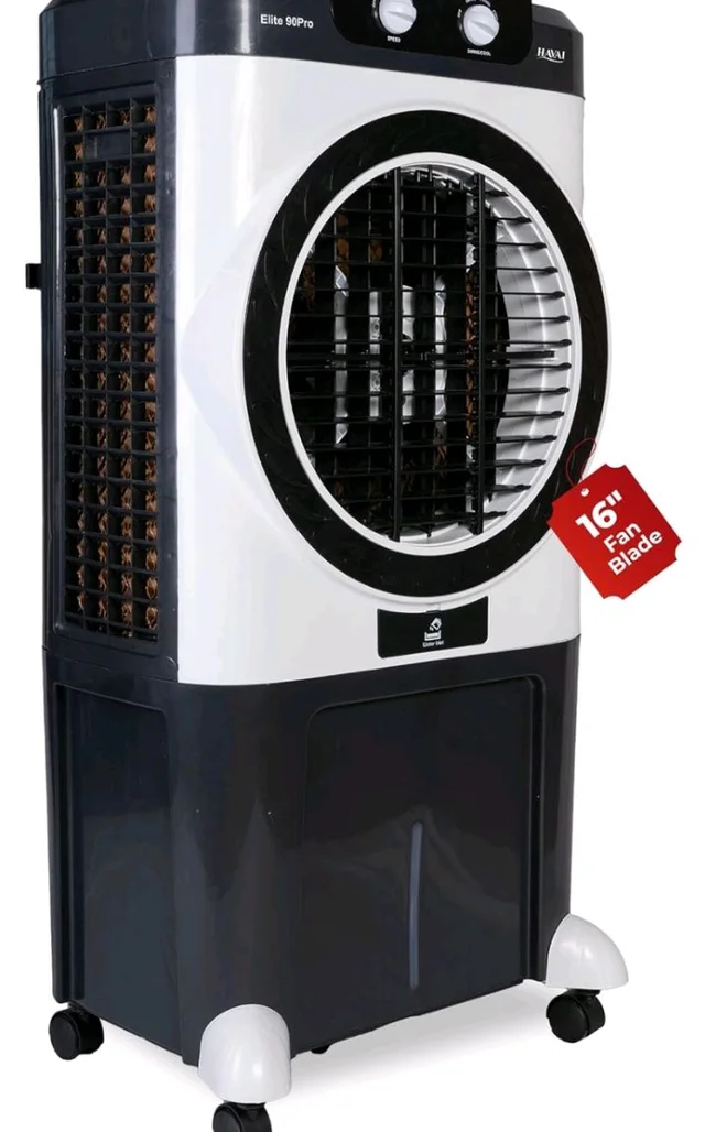 Havai Elite Pro 90 Desert Air Cooler, 90L, 16-Inch Fan, 20 Ft Air Throw
Powerful 16-inch desert air cooler with 90 L tank, 3-side honeycomb pads, 20 ft air throw and 5 castor wheels