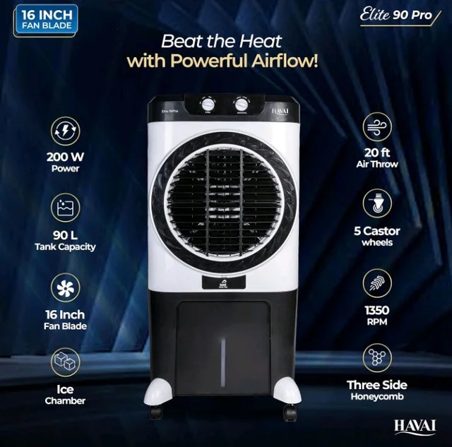 Havai Elite Pro 90 Desert Air Cooler, 90L, 16-Inch Fan, 20 Ft Air Throw
Powerful 16-inch desert air cooler with 90 L tank, 3-side honeycomb pads, 20 ft air throw and 5 castor wheels