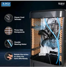 Havai Elite Pro 90 Desert Air Cooler, 90L, 16-Inch Fan, 20 Ft Air Throw
Powerful 16-inch desert air cooler with 90 L tank, 3-side honeycomb pads, 20 ft air throw and 5 castor wheels