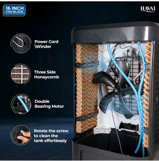 Havai Elite Pro 90 Desert Air Cooler, 90L, 16-Inch Fan, 20 Ft Air Throw
Powerful 16-inch desert air cooler with 90 L tank, 3-side honeycomb pads, 20 ft air throw and 5 castor wheels
