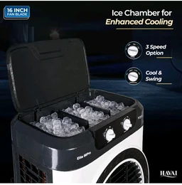 Havai Elite Pro 90 Desert Air Cooler, 90L, 16-Inch Fan, 20 Ft Air Throw
Powerful 16-inch desert air cooler with 90 L tank, 3-side honeycomb pads, 20 ft air throw and 5 castor wheels