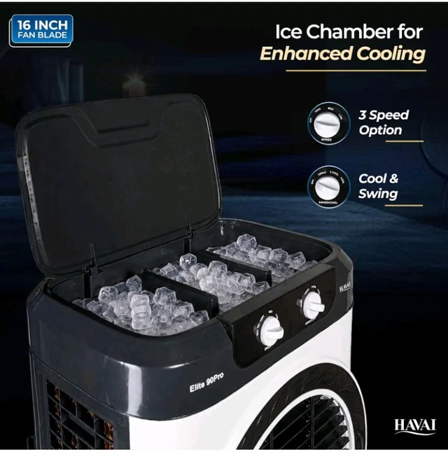 Havai Elite Pro 90 Desert Air Cooler, 90L, 16-Inch Fan, 20 Ft Air Throw
Powerful 16-inch desert air cooler with 90 L tank, 3-side honeycomb pads, 20 ft air throw and 5 castor wheels