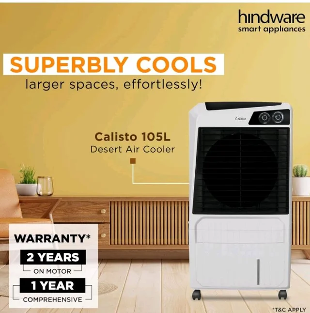 Hindware Smart Appliances Calisto 105L | Desert Air Cooler with Woodwool Pads, Inverter Compatible, Castor wheels and motorized air flow control & High Air Delivery (White & Black)