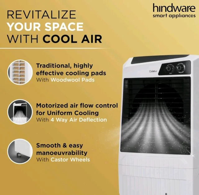 Hindware Smart Appliances Calisto 105L | Desert Air Cooler with Woodwool Pads, Inverter Compatible, Castor wheels and motorized air flow control & High Air Delivery (White & Black)