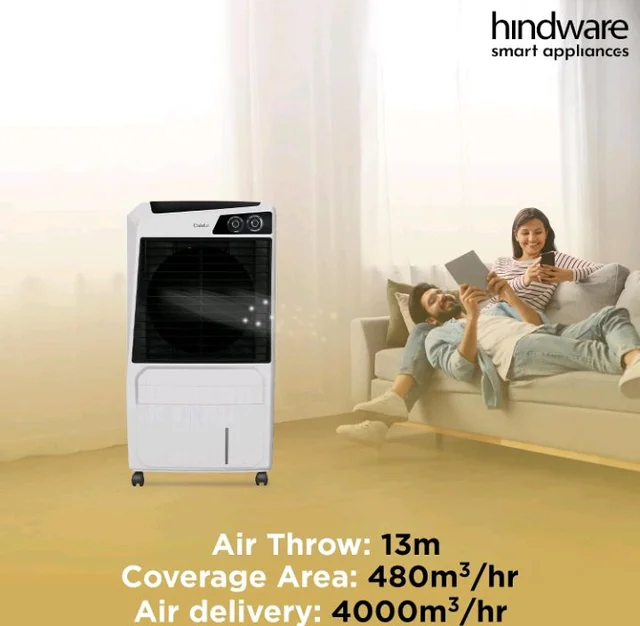 Hindware Smart Appliances Calisto 105L | Desert Air Cooler with Woodwool Pads, Inverter Compatible, Castor wheels and motorized air flow control & High Air Delivery (White & Black)