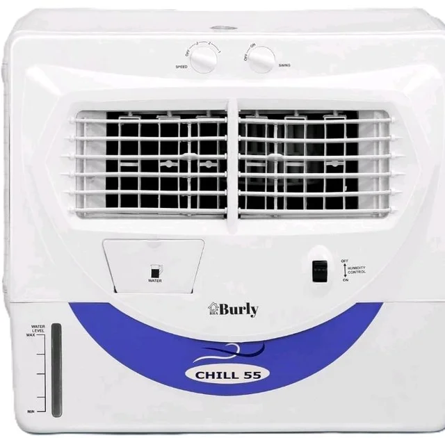Bhaburly Chill 55L Window Air Cooler for Home Powerful Air Throw Dual Side Water Inlet Wood Wool 1350 RPM 200 W 1 Year Warranty 8" Blower 3200 cmh Inverter Compatible 1 yr Warranty