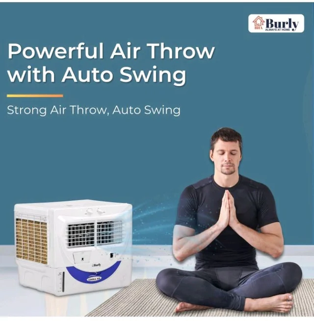 Bhaburly Chill 55L Window Air Cooler for Home Powerful Air Throw Dual Side Water Inlet Wood Wool 1350 RPM 200 W 1 Year Warranty 8" Blower 3200 cmh Inverter Compatible 1 yr Warranty