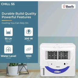 Bhaburly Chill 55L Window Air Cooler for Home Powerful Air Throw Dual Side Water Inlet Wood Wool 1350 RPM 200 W 1 Year Warranty 8" Blower 3200 cmh Inverter Compatible 1 yr Warranty