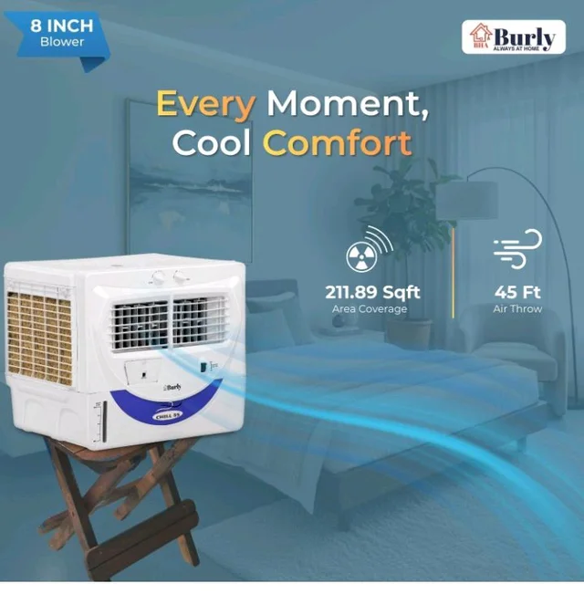 Bhaburly Chill 55L Window Air Cooler for Home Powerful Air Throw Dual Side Water Inlet Wood Wool 1350 RPM 200 W 1 Year Warranty 8" Blower 3200 cmh Inverter Compatible 1 yr Warranty