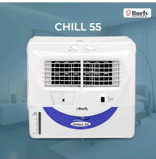 Bhaburly Chill 55L Window Air Cooler for Home Powerful Air Throw Dual Side Water Inlet Wood Wool 1350 RPM 200 W 1 Year Warranty 8" Blower 3200 cmh Inverter Compatible 1 yr Warranty