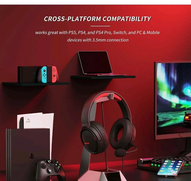 BINNUNE Gaming Headset with Mic for PS4 PS5 Xbox Series X|S Xbox One PC NS, Wired Gaming Headphones with Microphone for PS 4|5 Xbox 1, Black & Red