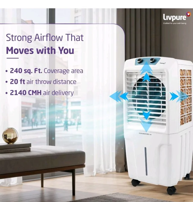 Livpure Coolbud Neo Personal Cooler 48L |240 Sq. Ft. Area Coverage| 20Ft. Poweful Air Throw| Inverter Compatible | Honeycomb Pads | 2 Yrs Motor Warranty & 1 Yr Comprehensive (White)