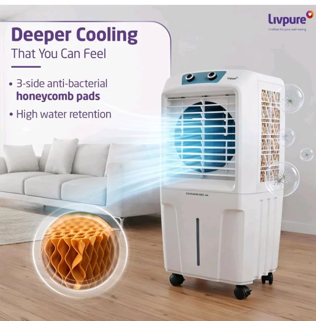Livpure Coolbud Neo Personal Cooler 48L |240 Sq. Ft. Area Coverage| 20Ft. Poweful Air Throw| Inverter Compatible | Honeycomb Pads | 2 Yrs Motor Warranty & 1 Yr Comprehensive (White)