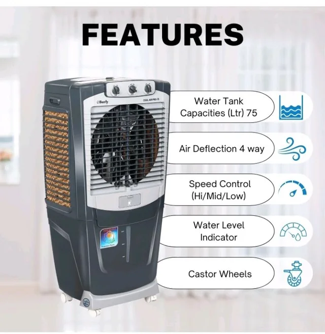 Bhaburly Burly Coolair Pro 75 Ltr Desert Portable Cooler With Anti Bacterial Honeycomb, Auto Refill Powerfull Motor With Auto Swing And 3 Speed Contr