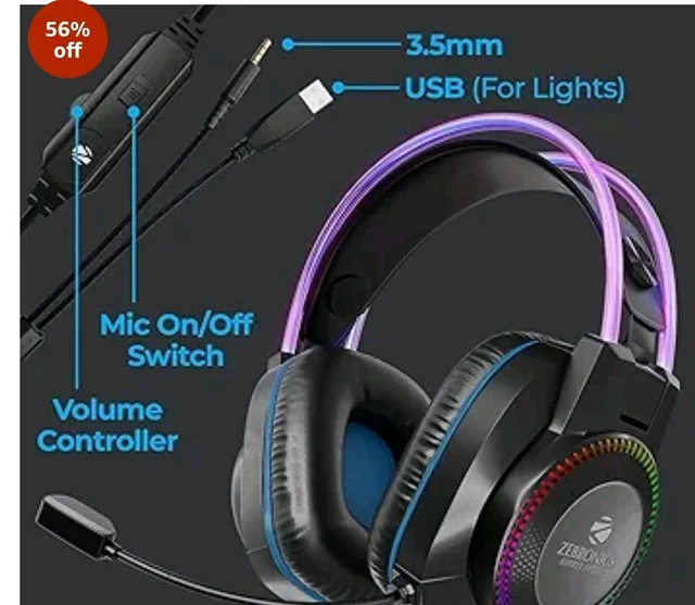 Zebronics Jet PRO Premium Wired Gaming On Ear Headphone with LED for Headband + earcups, 40mm Neodymium Drivers, 2 Meter Braided Cable, with mic, Suspension Design, 3.5mm + USB Connector (Black, Blue)