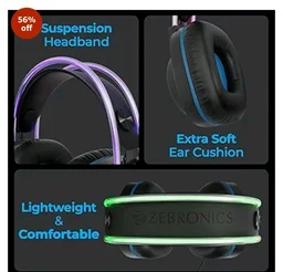 Zebronics Jet PRO Premium Wired Gaming On Ear Headphone with LED for Headband + earcups, 40mm Neodymium Drivers, 2 Meter Braided Cable, with mic, Suspension Design, 3.5mm + USB Connector (Black, Blue)