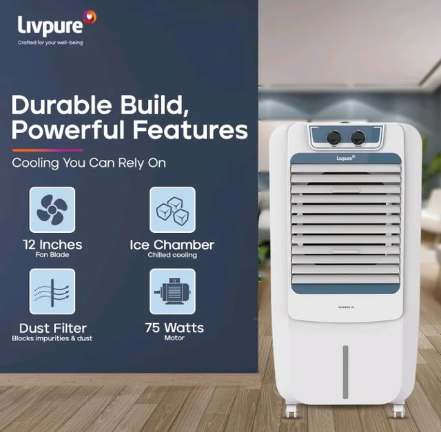 Livpure Coolmist Personal Air Cooler-48 L With 12'' Fan, Anti-Bacterial Honeycomb Pad, Ice Chamber And 2 Year Warranty On Motor (W