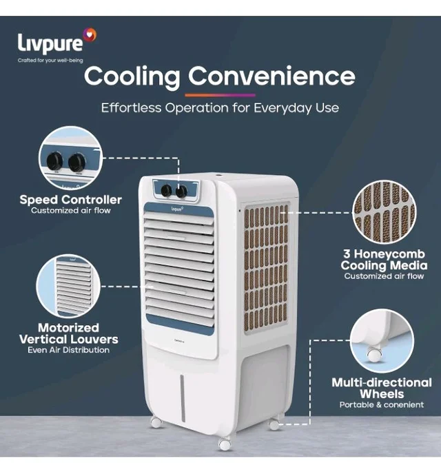 Livpure Coolmist Personal Air Cooler-48 L With 12'' Fan, Anti-Bacterial Honeycomb Pad, Ice Chamber And 2 Year Warranty On Motor (W