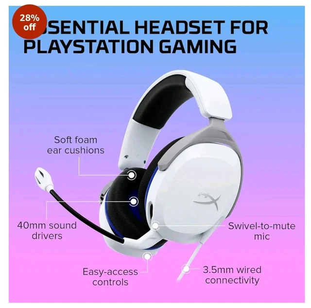 HyperX Cloud Stinger 2 Core Smartchoice- Gaming Headset for PlayStation, Lightweight Over-Ear Headset with mic, Swivel-to-Mute Function, 40mm Drivers (6H9B5AA), White