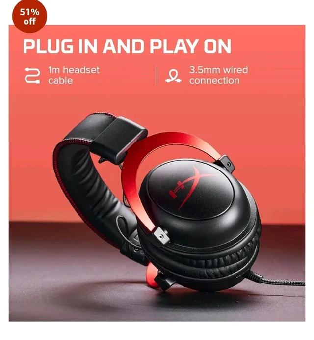 HyperX Cloud II Smartchoice Wired Gaming Headset for PC, PS5 / PS4. Active Noise Cancellation, Over Ear, circumaural, Closed Back, HyperX Virtual 7.1 Surround Sound - Black-Red (4P5M0AA)