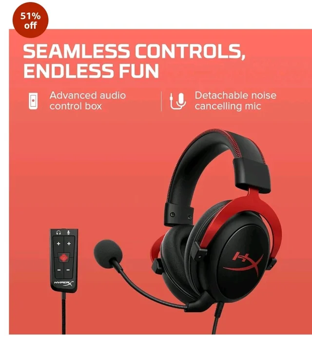 HyperX Cloud II Smartchoice Wired Gaming Headset for PC, PS5 / PS4. Active Noise Cancellation, Over Ear, circumaural, Closed Back, HyperX Virtual 7.1 Surround Sound - Black-Red (4P5M0AA)