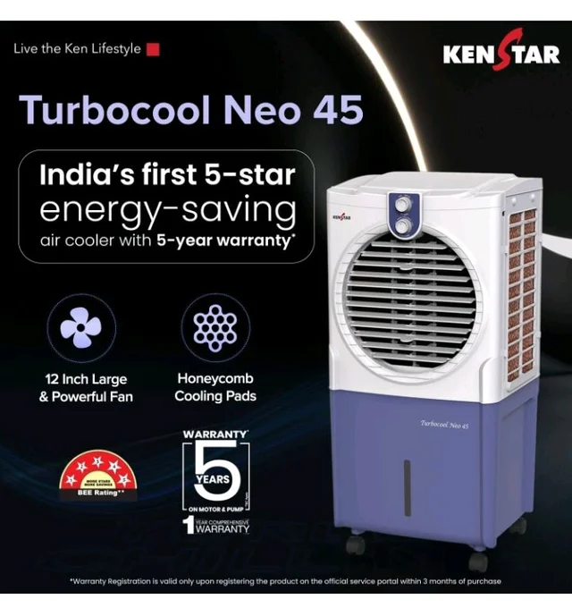 Kenstar TURBOCOOL NEO HC 45 BLUE Air Cooler with Honeycomb Cooling Media | 5-star BEE Rating |100 W|White & Blue