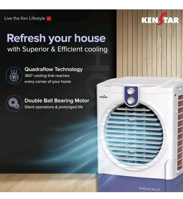 Kenstar TURBOCOOL NEO HC 45 BLUE Air Cooler with Honeycomb Cooling Media | 5-star BEE Rating |100 W|White & Blue