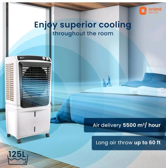 Orient Electric Smartchill 125L Desert Air Cooler for home | Densenest Honeycomb Pads | Fully Collapsible Louvers, Inverter Compatible | High Air Delivery | 1 Year Warranty by Orient | White