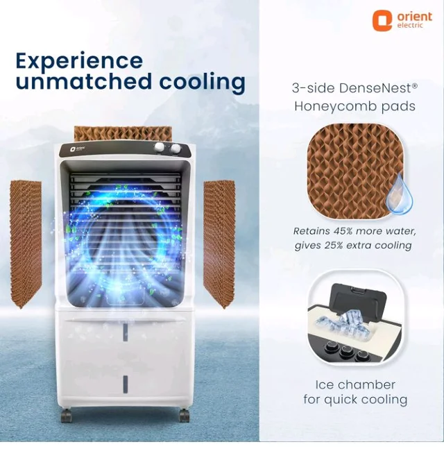 Orient Electric Smartchill 125L Desert Air Cooler for home | Densenest Honeycomb Pads | Fully Collapsible Louvers, Inverter Compatible | High Air Delivery | 1 Year Warranty by Orient | White