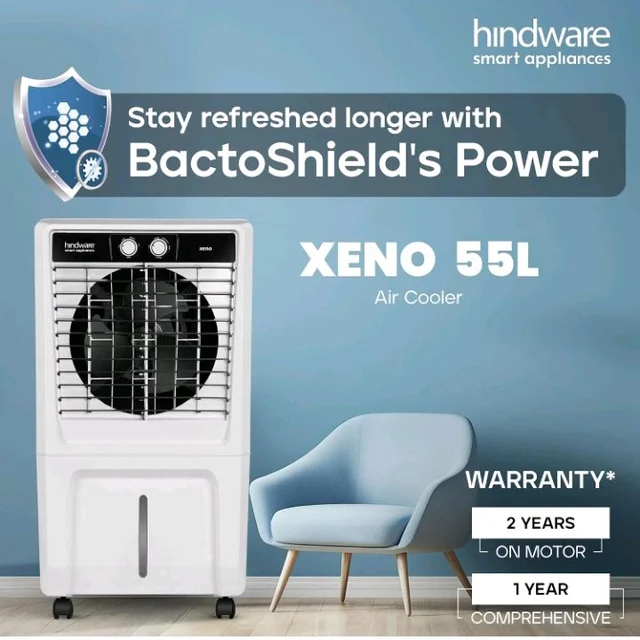 Hindware Smart Appliances Xeno 55L Personal Air cooler | Fan Based | 13 Inc. Fan Blade and Ice Chamber | White & Grey