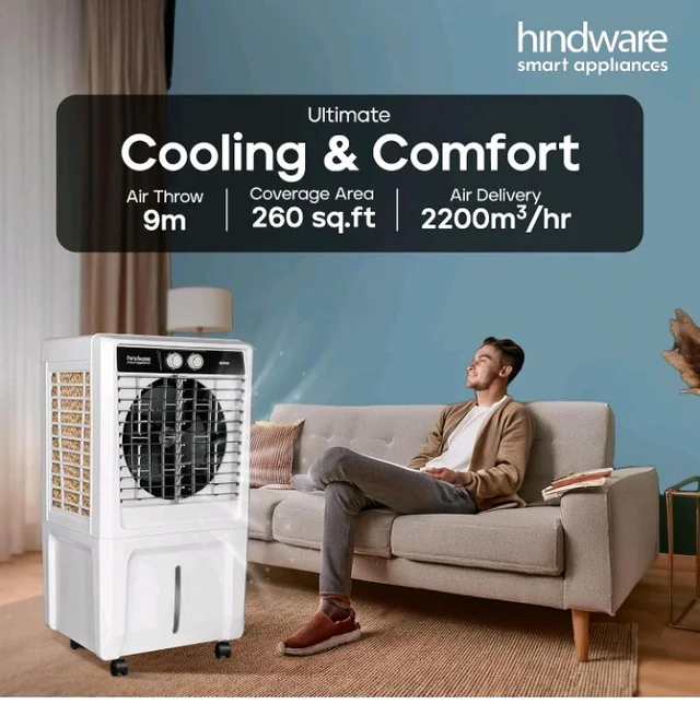 Hindware Smart Appliances Xeno 55L Personal Air cooler | Fan Based | 13 Inc. Fan Blade and Ice Chamber | White & Grey