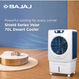 Bajaj Shield Series Velar 70L Desert Air Cooler for Home|Anti-Bacterial Honeycomb Cooling Pad|Inverter Ready|80Ft Air Throw|Dual Water Inlet|Ice Chamber|1 Year Product Warranty|White