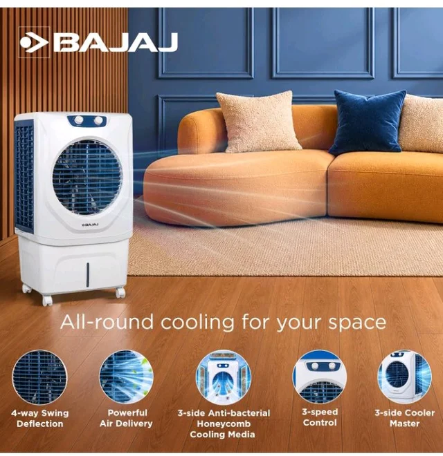 Bajaj Shield Series Velar 70L Desert Air Cooler for Home|Anti-Bacterial Honeycomb Cooling Pad|Inverter Ready|80Ft Air Throw|Dual Water Inlet|Ice Chamber|1 Year Product Warranty|White