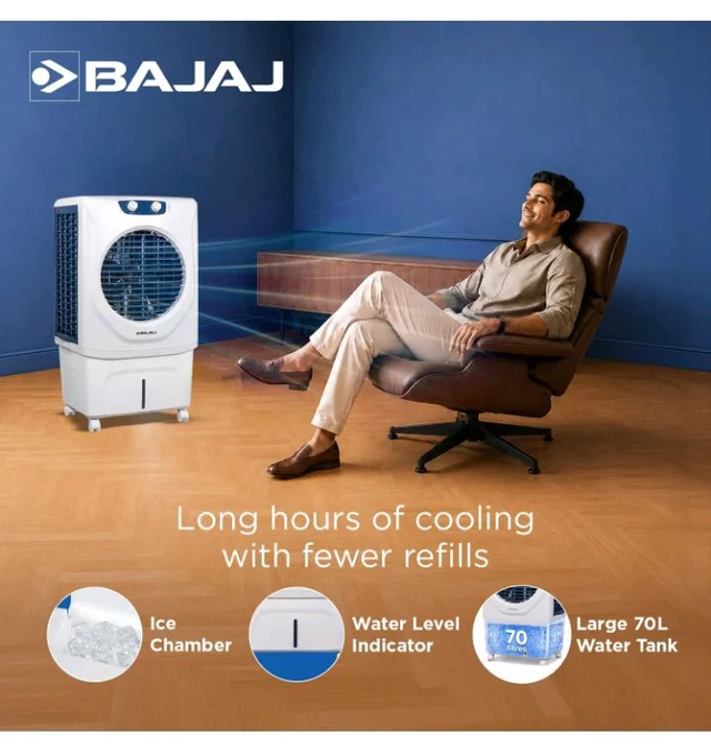 Bajaj Shield Series Velar 70L Desert Air Cooler for Home|Anti-Bacterial Honeycomb Cooling Pad|Inverter Ready|80Ft Air Throw|Dual Water Inlet|Ice Chamber|1 Year Product Warranty|White