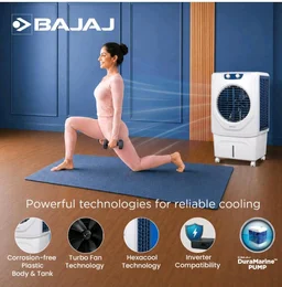 Bajaj Shield Series Velar 70L Desert Air Cooler for Home|Anti-Bacterial Honeycomb Cooling Pad|Inverter Ready|80Ft Air Throw|Dual Water Inlet|Ice Chamber|1 Year Product Warranty|White