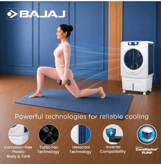 Bajaj Shield Series Velar 70L Desert Air Cooler for Home|Anti-Bacterial Honeycomb Cooling Pad|Inverter Ready|80Ft Air Throw|Dual Water Inlet|Ice Chamber|1 Year Product Warranty|White