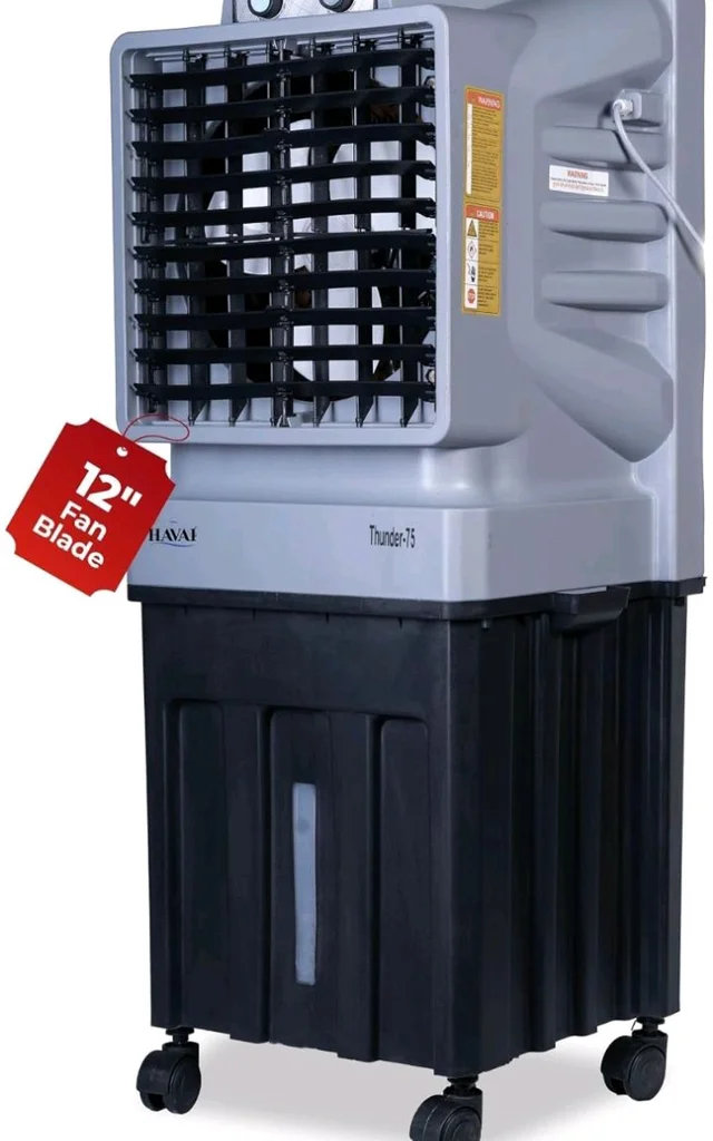 Havai Thunder-75 Tower Air Cooler | 70L Tank | 12″ Blade | Ideal for 150 sq ft Rooms | 130W Power | 10 ft Air Throw | 1350 RPM | Auto-Louver | 3-Speed | 1-Year On-Site Motor Warranty (Black