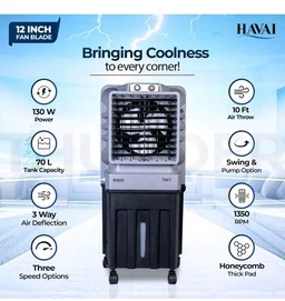 Havai Thunder-75 Tower Air Cooler | 70L Tank | 12″ Blade | Ideal for 150 sq ft Rooms | 130W Power | 10 ft Air Throw | 1350 RPM | Auto-Louver | 3-Speed | 1-Year On-Site Motor Warranty (Black