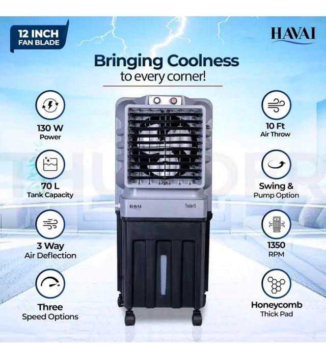 Havai Thunder-75 Tower Air Cooler | 70L Tank | 12″ Blade | Ideal for 150 sq ft Rooms | 130W Power | 10 ft Air Throw | 1350 RPM | Auto-Louver | 3-Speed | 1-Year On-Site Motor Warranty (Black