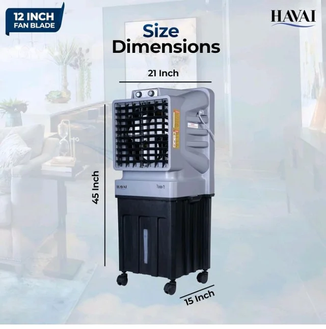 Havai Thunder-75 Tower Air Cooler | 70L Tank | 12″ Blade | Ideal for 150 sq ft Rooms | 130W Power | 10 ft Air Throw | 1350 RPM | Auto-Louver | 3-Speed | 1-Year On-Site Motor Warranty (Black