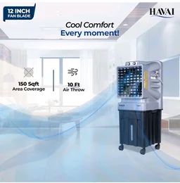 Havai Thunder-75 Tower Air Cooler | 70L Tank | 12″ Blade | Ideal for 150 sq ft Rooms | 130W Power | 10 ft Air Throw | 1350 RPM | Auto-Louver | 3-Speed | 1-Year On-Site Motor Warranty (Black