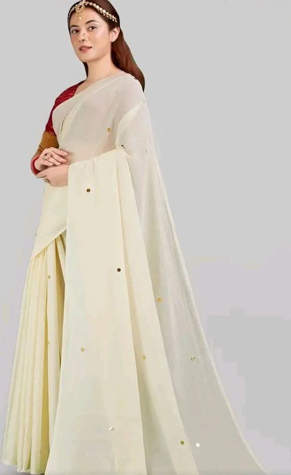 TAMAIRA FASHION Plain Pure Cotton Saree For Woman |Sequins Work Saree Without Blouse Piece