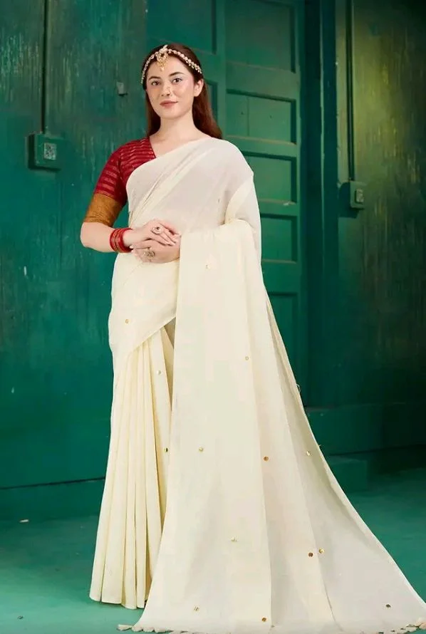 TAMAIRA FASHION Plain Pure Cotton Saree For Woman |Sequins Work Saree Without Blouse Piece
