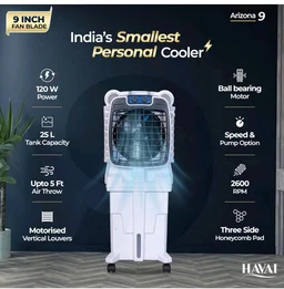 Havai Arizona 9 Personal Air Cooler | India’s First 9-Inch Blade Cooler | 2600 RPM | 2200 m³/hr Delivery | 5 Ft Air Throw | 3-Side Honeycomb | 25L Tank | Motorised Louvers | 120W | Ideal for 50 Sq Ft
