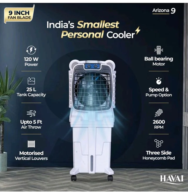 Havai Arizona 9 Personal Air Cooler | India’s First 9-Inch Blade Cooler | 2600 RPM | 2200 m³/hr Delivery | 5 Ft Air Throw | 3-Side Honeycomb | 25L Tank | Motorised Louvers | 120W | Ideal for 50 Sq Ft